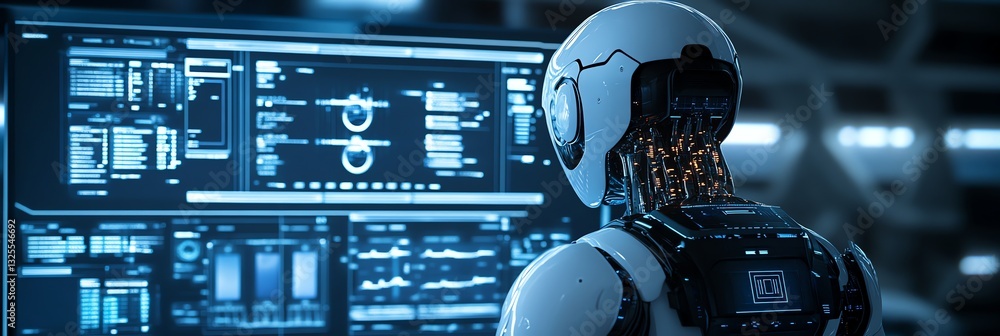 Robot Analyzing Data on Screen with Futuristic Design and Technology Robot Analyzing Data on Screen with Futuristic Design and Technology