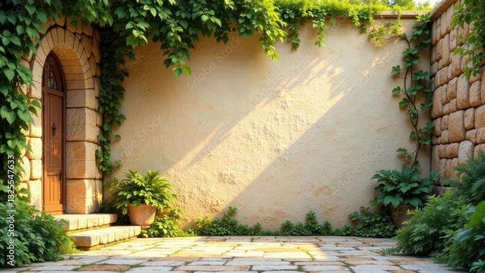 Sunlit Courtyard with Stone Walls, Lush Greenery, and Arched Wooden Door Sunlit Courtyard with Stone Walls, Lush Greenery, and Arched Wooden Door