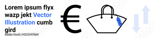 Euro symbol and handbag with price tag near arrows indicating fluctuations. Ideal for finance, shopping, pricing, currency, trends, e-commerce, retail analytics, flat landing page banner