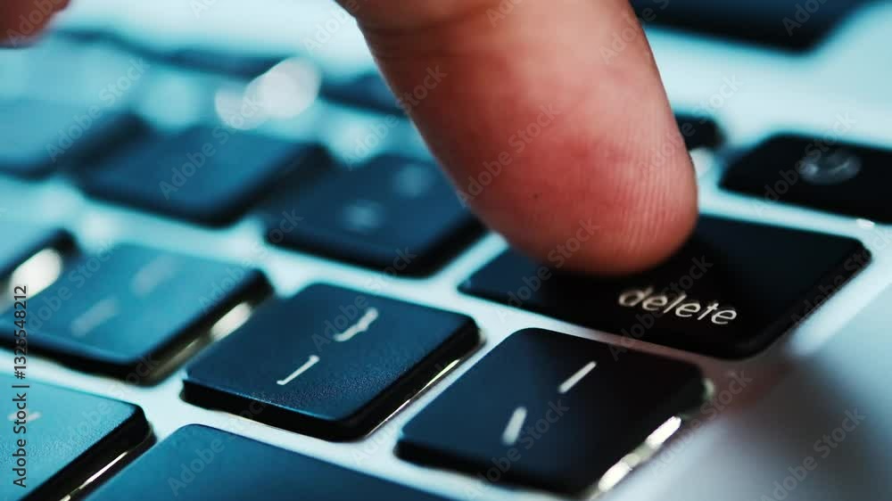 Finger of the computer user, he presses the delete button on the computer keyboard	