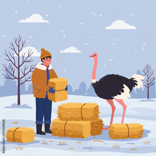Man Feeding Ostrich with Hay Bales in Winter Snowy Landscape