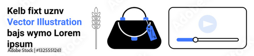 Elegant black handbag with price tag, wheat sprig beside it, and a multimedia player interface with play button. Ideal for fashion, retail, agriculture, video content, shopping, marketing flat