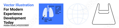 Lungs diagram with notes, digital globe, and eco-friendly shopping bag outline. Ideal for healthcare, education, sustainability, environment, globalization, communication and tech flat landing page