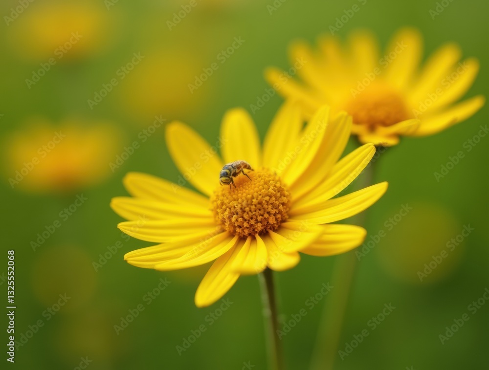 Yellow daisies release pollen in focus, green meadow blurred, evoking pollen sensitivity woes. Yellow daisies release pollen in focus, green meadow blurred, evoking pollen sensitivity woes.