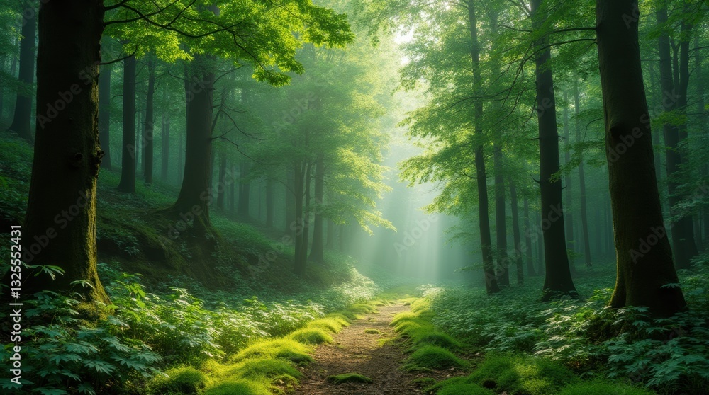 Fototapeta premium Dense forest with tall trees and moss, no flowers in sight, offering a flower-avoidance haven.