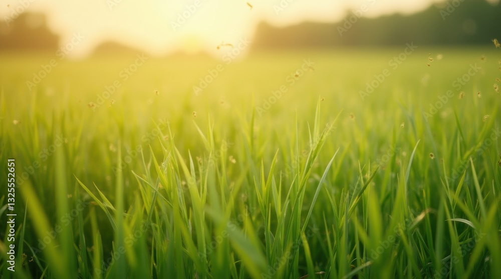 Fototapeta premium Expansive grassy field in sunlight, pollen in air, showcasing a classic grass pollen allergy scene.