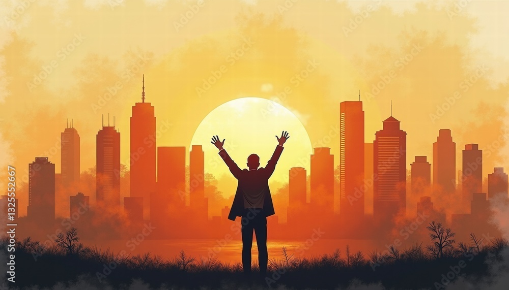 Silhouette of triumphant person against city skyline for career websites and inspiration blogs Silhouette of triumphant person against city skyline for career websites and inspiration blogs