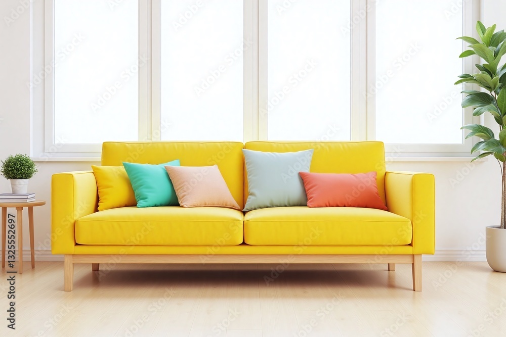 Fototapeta premium modern living room with bright yellow sofa side table potted plant