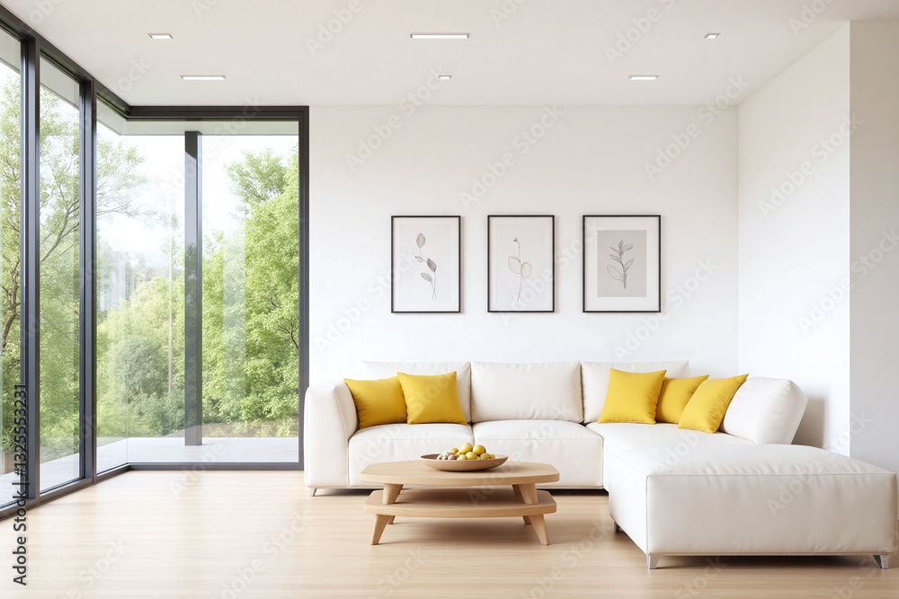 Fototapeta premium Modern living room large window white sofa pictures coffee table