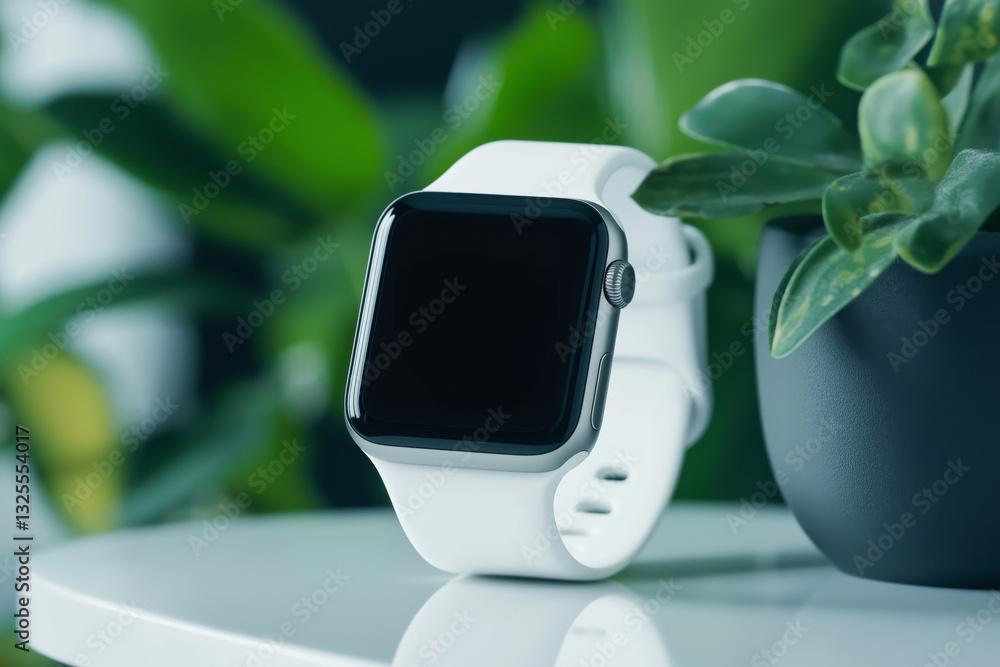 A mockup of a smartwatch with a white strap on a background of green plants.