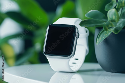 Obraz na płótnie A mockup of a smartwatch with a white strap on a background of green plants. w salonie