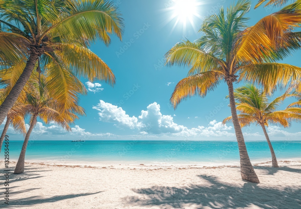 Obraz premium Stunning tropical beach with palm trees, bright sunlight, and inviting turquoise ocean under a clear blue sky with fluffy clouds