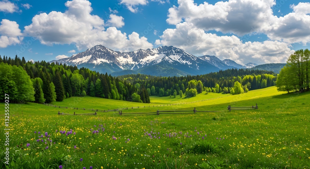 Obraz premium Sunlit Alpine Meadow Vibrant Green Landscape. AI Generated