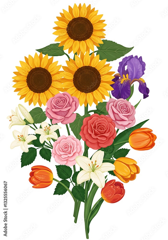 Naklejka premium Elegant Bouquet of Sunflowers, Roses, Lilies and Tulips on White
