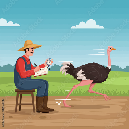 Farmer Timings Fast Ostrich Running Across Field with Stopwatch in Hand