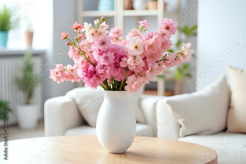 Wallpaper Mural pink spring flowers in white ceramic vase in modern home interior Torontodigital.ca