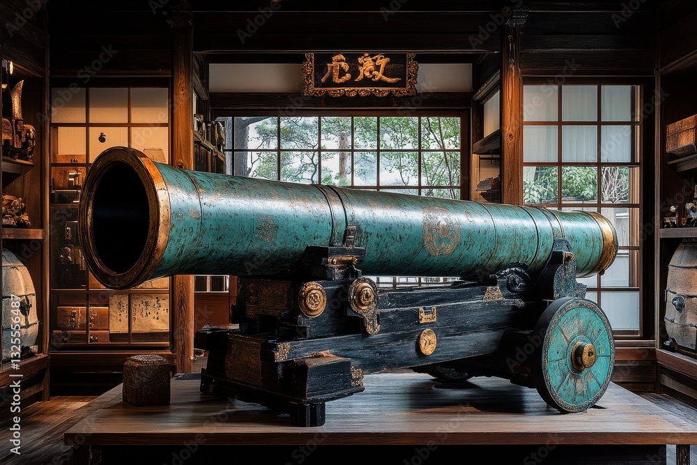 An antique cannon displayed indoors, showcasing intricate design and historical significance amidst traditional decor. An antique cannon displayed indoors, showcasing intricate design and historical significance amidst traditional decor.