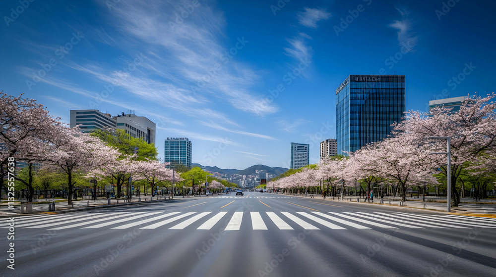 Cherry Blossom-Lined Street with a Zebra Crossing in Seoul