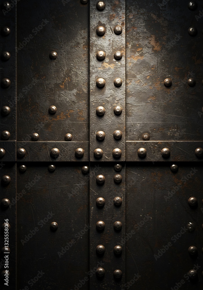 Fototapeta premium Dark Metal Plate Rivets Dramatic Lighting. AI Generated