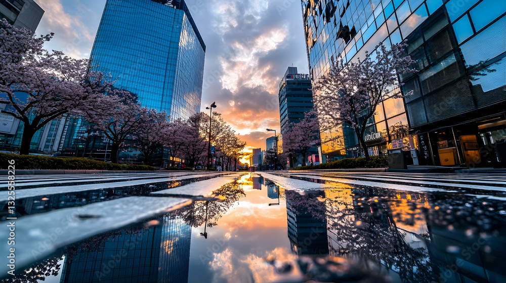 Spring in Seoul: Cherry Blossoms and a Pedestrian Crossing