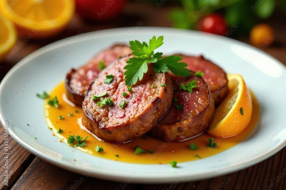 Savory Pan-Seared Meat Rounds in Zesty Citrus Glaze, Garnished with Fresh Herbs on Elegant Plate Savory Pan-Seared Meat Rounds in Zesty Citrus Glaze, Garnished with Fresh Herbs on Elegant Plate