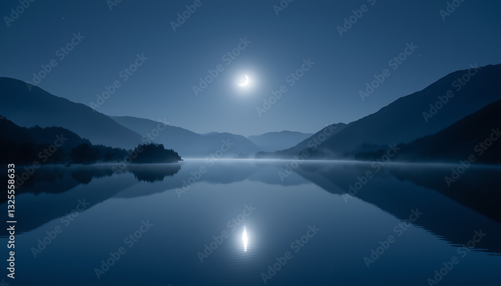 Fototapeta premium New Crescent Moon Over Mountain Lake at Night for Suhoor, Ramadan, and Spiritual Designs