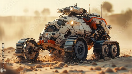Futuristic Exploration Vehicle on Desert Terrain in Soft Focus