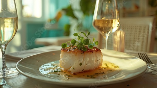 Pan seared cod served with white wine and sauce