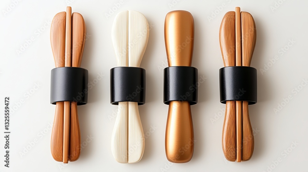Elegant set of four wooden spatulas with black holders, showcasing a modern kitchen tool design. Elegant set of four wooden spatulas with black holders, showcasing a modern kitchen tool design.