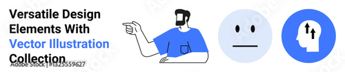 Man pointing with confident expression, neutral face icon, and upward arrow in head silhouette. Ideal for communication, teamwork, instruction, ideas, emotions, growth decision-making flat landing