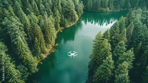Aerial View of Drone Hovering Above Serene Forested Lake