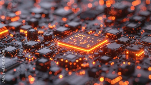 Close-up View of Electric Circuit Board with Orange Light Glow