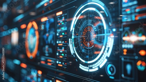 Futuristic Digital Interface with Glowing Elements and Graphs