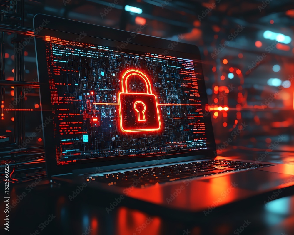 Laptop screen displaying digital padlock hologram, surrounded by network connections in the background, 3D rendering, cybersecurity concept, digital encryption, hightech protection Laptop screen displaying digital padlock hologram, surrounded by network connections in the background, 3D rendering, cybersecurity concept, digital encryption, hightech protection