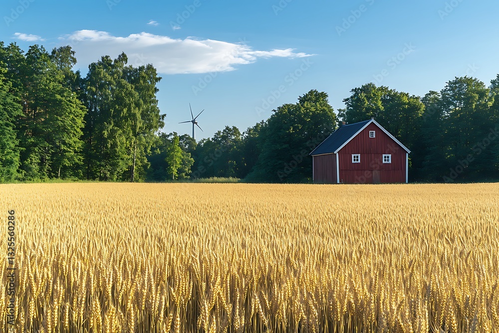 Golden wheat field with red barn & windmill under blue sky; farming, sustainability concept Golden wheat field with red barn & windmill under blue sky; farming, sustainability concept