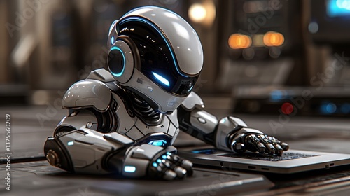 Futuristic Robot Working on Laptop in High-Tech Environment