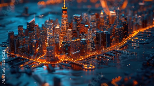 Stunning Aerial View of City Skyline at Twilight with Golden Lights