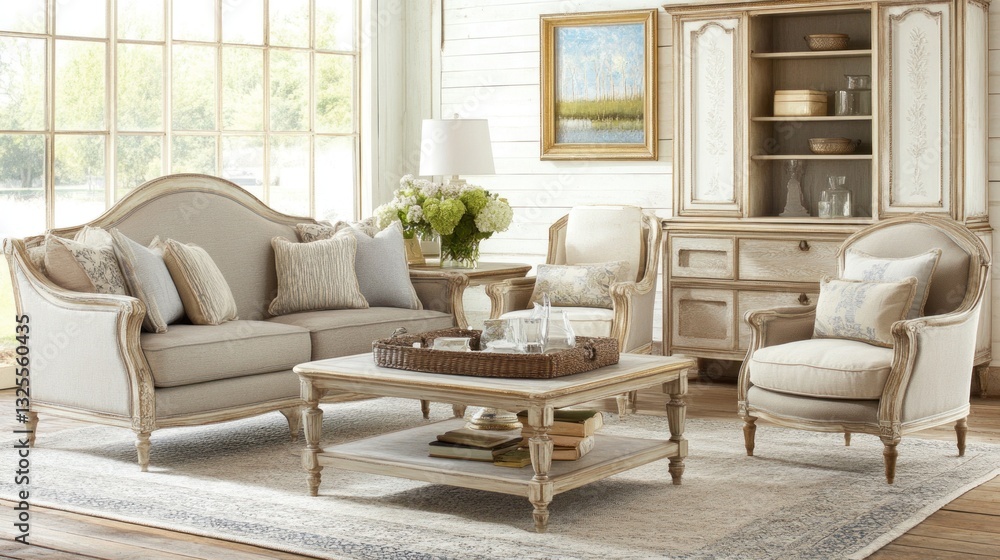 Elegant living room with French-style sofa, armchairs, coffee table, and antique cabinet. Elegant living room with French-style sofa, armchairs, coffee table, and antique cabinet.