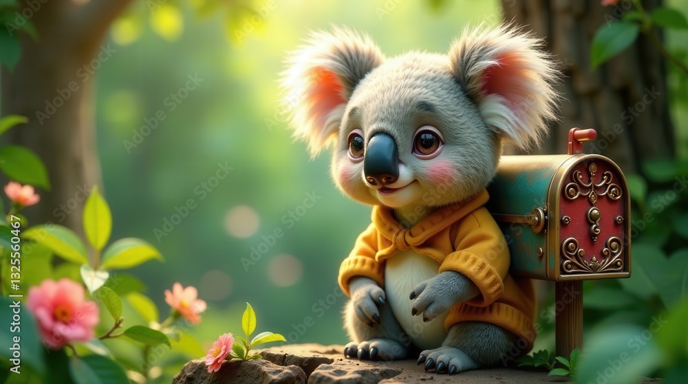 Adorable Koala in a Yellow Sweater by a Decorative Mailbox in a Lush Garden Setting Adorable Koala in a Yellow Sweater by a Decorative Mailbox in a Lush Garden Setting