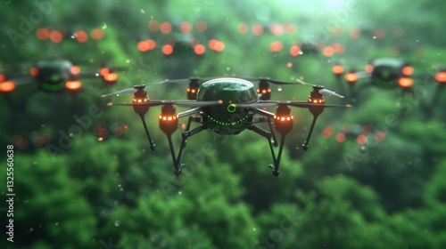 High-tech Drones Flying Over Lush Green Forest Environment