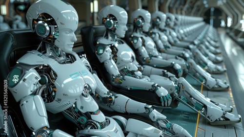 Futuristic Robots in a High-Tech Waiting Area for Advanced Technology