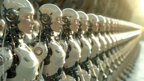 Futuristic Robotics Assembly Line with Humanoid Robots in Production
