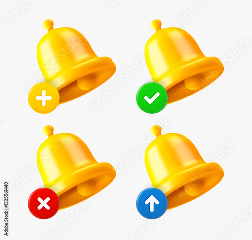 Bell icon set with different pictograms. 3d vector icons collection