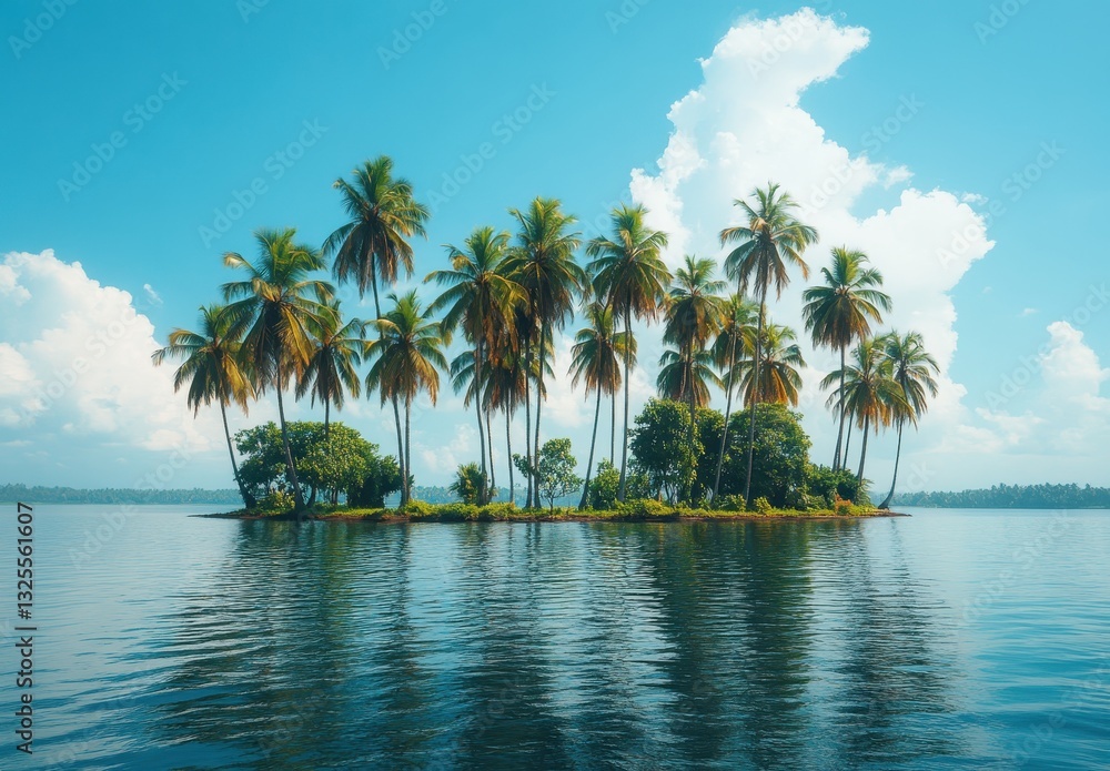 Obraz premium Tranquil island paradise with lush palm trees surrounded by calm blue waters and fluffy white clouds under a bright sunny sky in a tropical setting