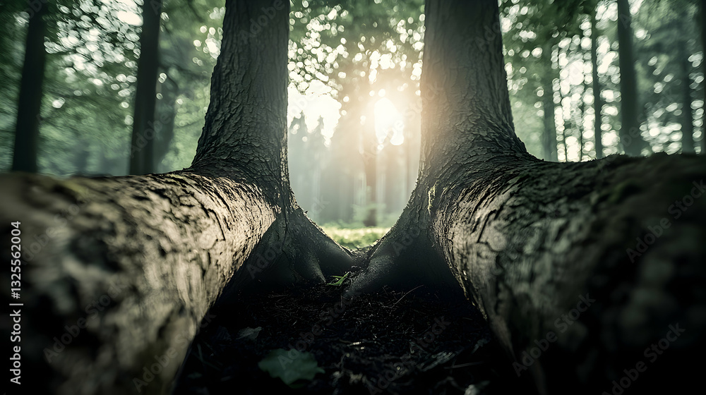 Two large trees frame a bright sunlit view in forest
