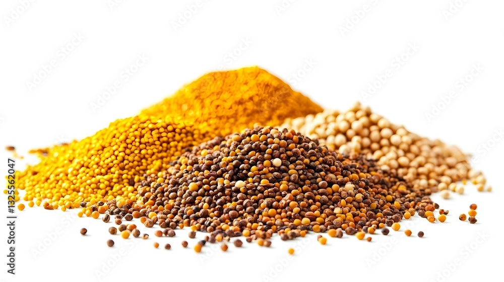 Mustard seeds heap and bee pollen mix on white Mustard seeds heap and bee pollen mix on white