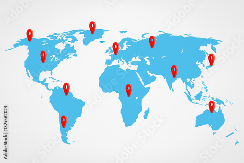 World map with red pins. 3d vector illustration