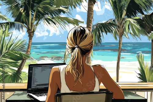 A woman enjoying her workation, typing away on her laptop under the shade of palm trees on a private terrace, with the beach in the background.