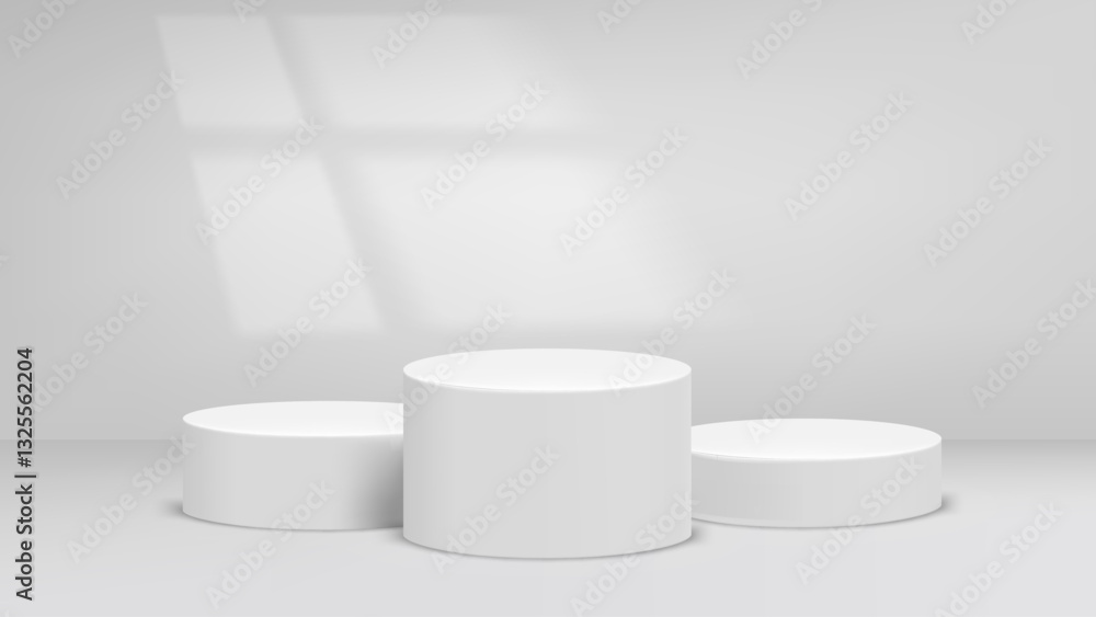 Empty bright studio with window light and podium. 3d vector background for product design Empty bright studio with window light and podium. 3d vector background for product design