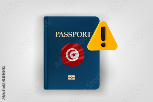 Passport with flag of Tunisia and exclamaion sign. Low energy concept. Vector 3d illustration